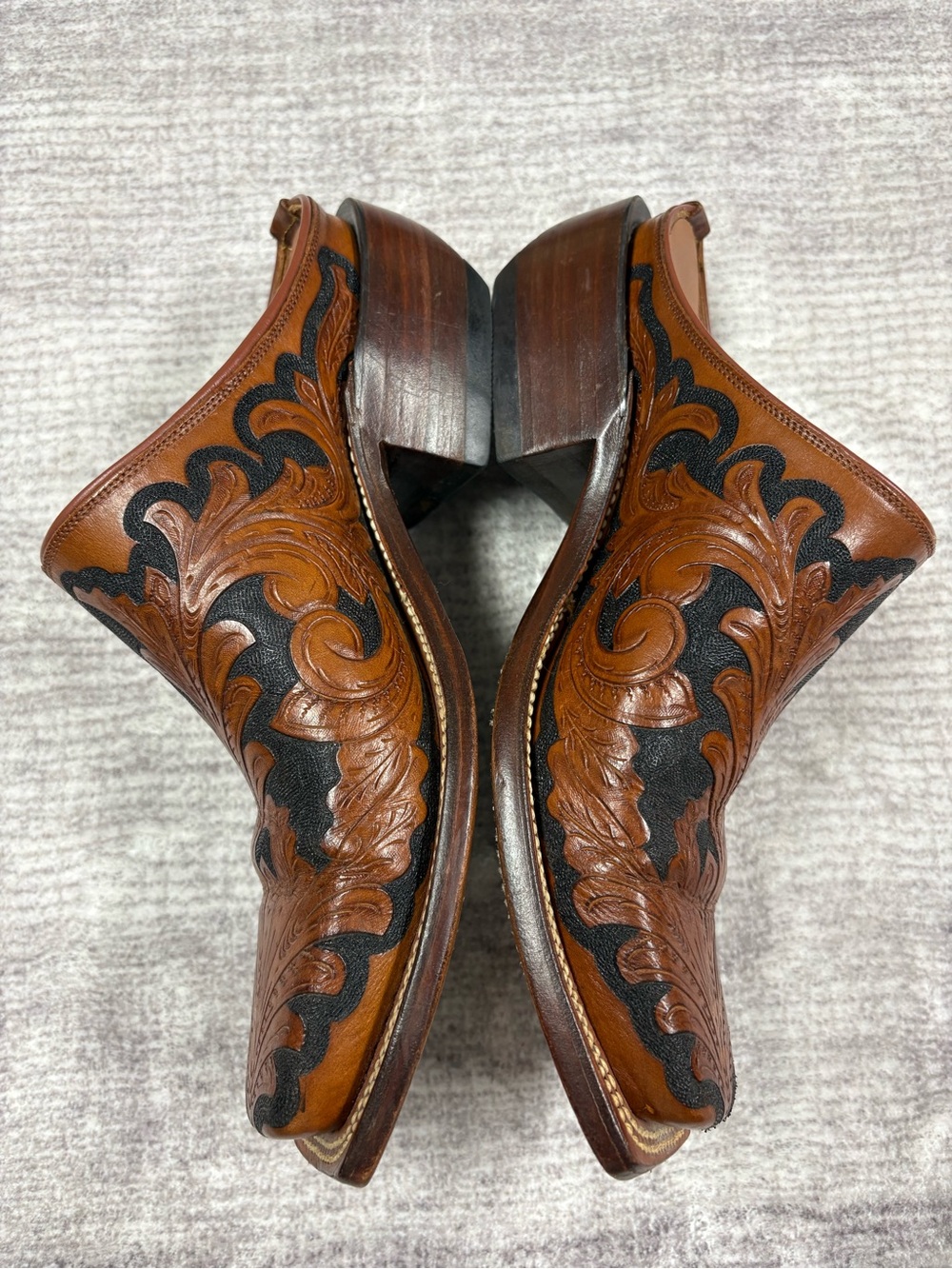 Vintage Lucchese Leather Tooled Western Mules Brown Black Square Toe Block Heel - Picture 3 of 10